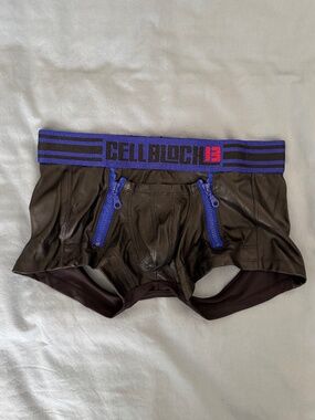 CellBlock 13 PU Leather Jock Brief - Double Zip Pouch - Medium - Black/Blue